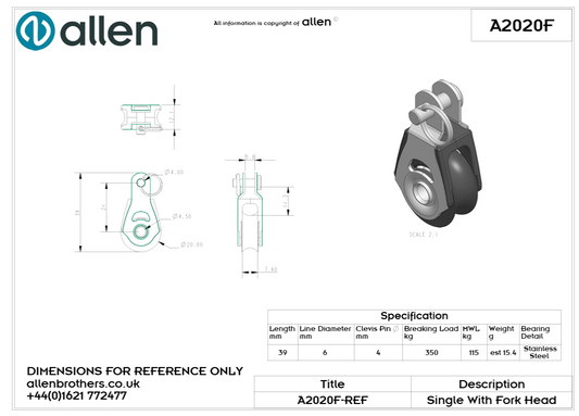 20mm Single Dynamic Block With Fork Head (Allen) (WASZP Cunningham Tramp Option)