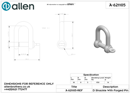 Round Body D Shackle With 5mm Forged Pin (Allen)