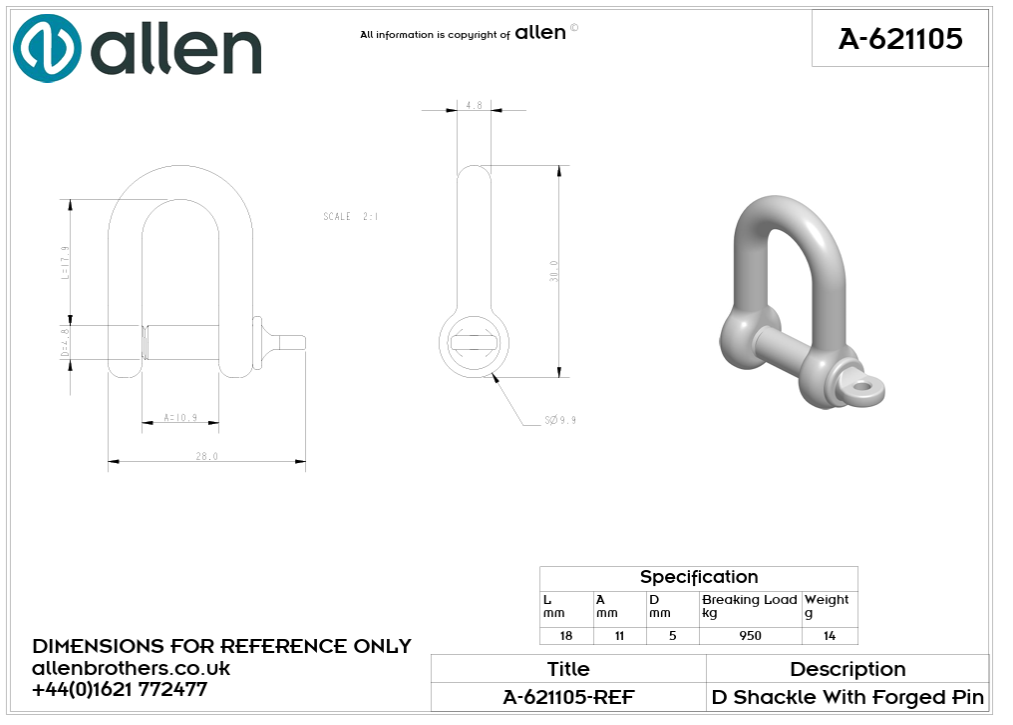 Round Body D Shackle With 5mm Forged Pin (Allen)