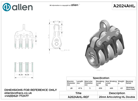 20mm Articulating Triple Dynamic Block With High Load Sheave (Allen) (WASZP Cunningham Sail Option)